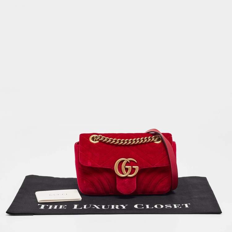 Pre Owned Gucci Red Matelasse Velvet Mini GG Marmont Shoulder Bag