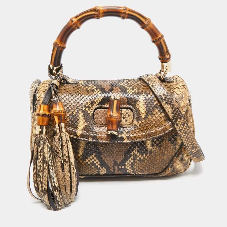 Pre Owned Gucci Cream Python Medium Tassel New Bamboo Top Handle Bag