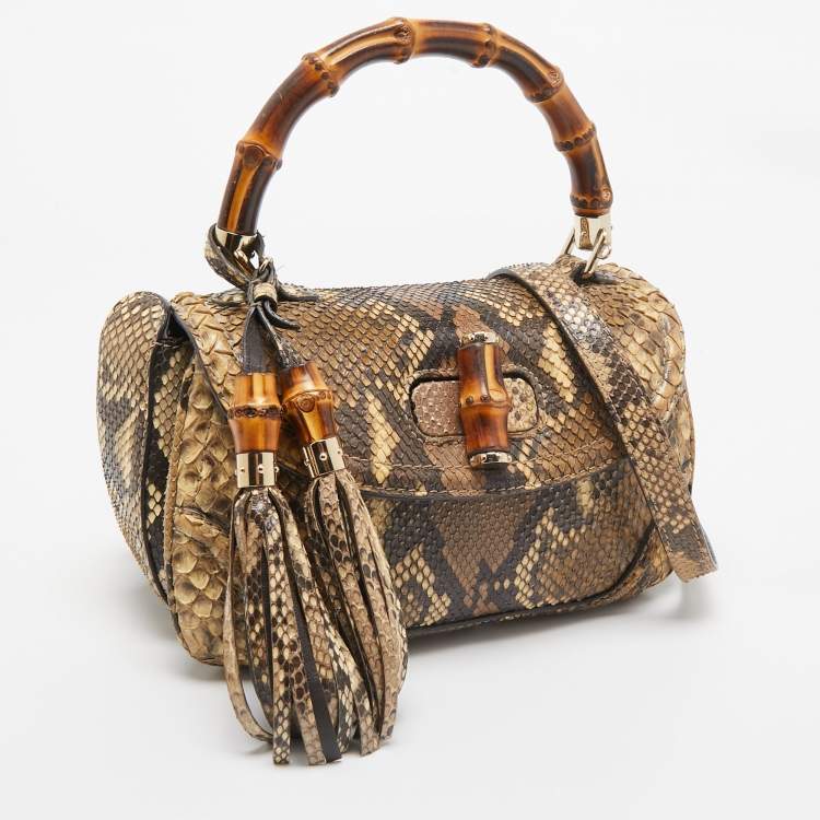 Pre Owned Gucci Cream Python Medium Tassel New Bamboo Top Handle Bag