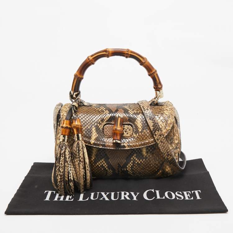 Pre Owned Gucci Cream Python Medium Tassel New Bamboo Top Handle Bag
