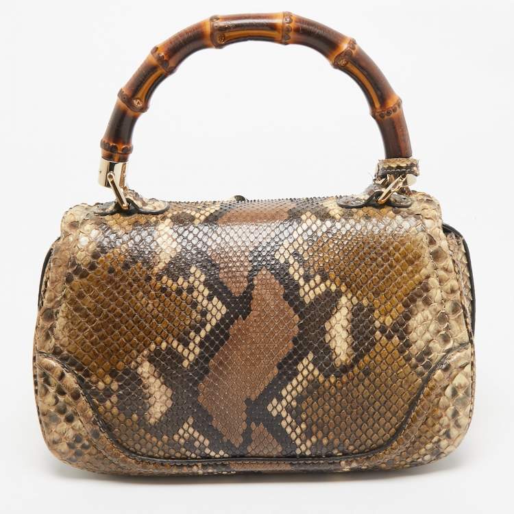 Pre Owned Gucci Cream Python Medium Tassel New Bamboo Top Handle Bag