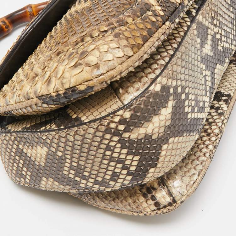 Pre Owned Gucci Cream Python Medium Tassel New Bamboo Top Handle Bag