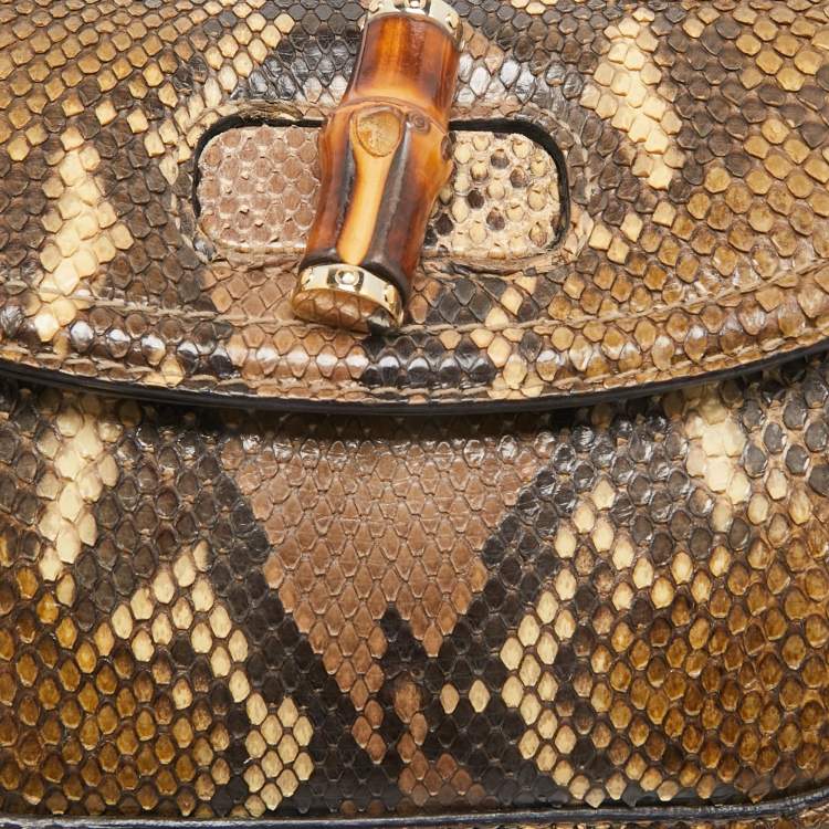 Pre Owned Gucci Cream Python Medium Tassel New Bamboo Top Handle Bag