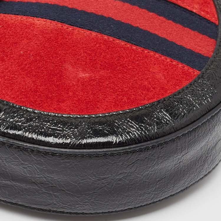 Pre Owned Gucci Black/Red Leather and Suede Mini Ophidia Round Shoulder Bag
