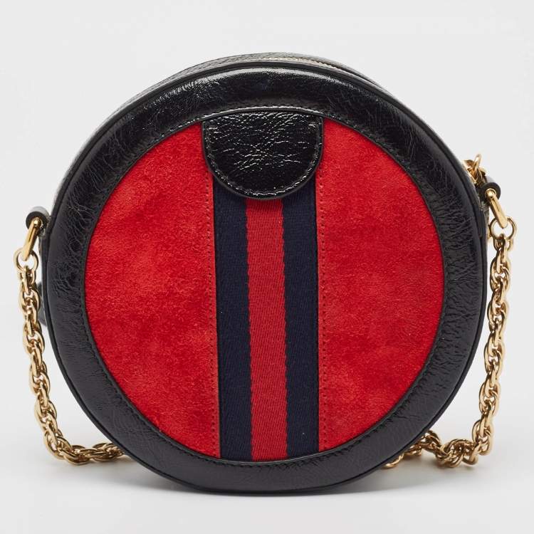 Pre Owned Gucci Black/Red Leather and Suede Mini Ophidia Round Shoulder Bag