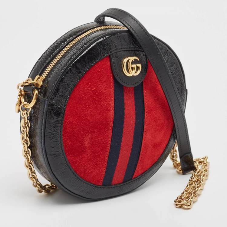 Pre Owned Gucci Black/Red Leather and Suede Mini Ophidia Round Shoulder Bag