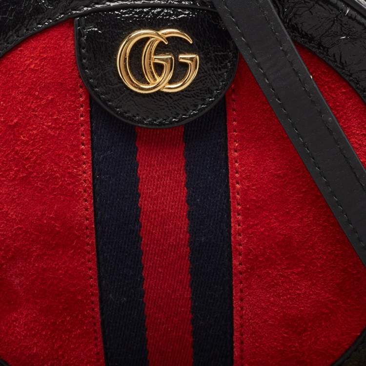 Pre Owned Gucci Black/Red Leather and Suede Mini Ophidia Round Shoulder Bag