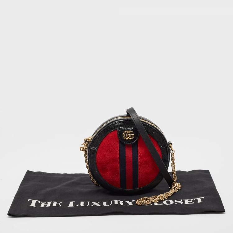 Pre Owned Gucci Black/Red Leather and Suede Mini Ophidia Round Shoulder Bag