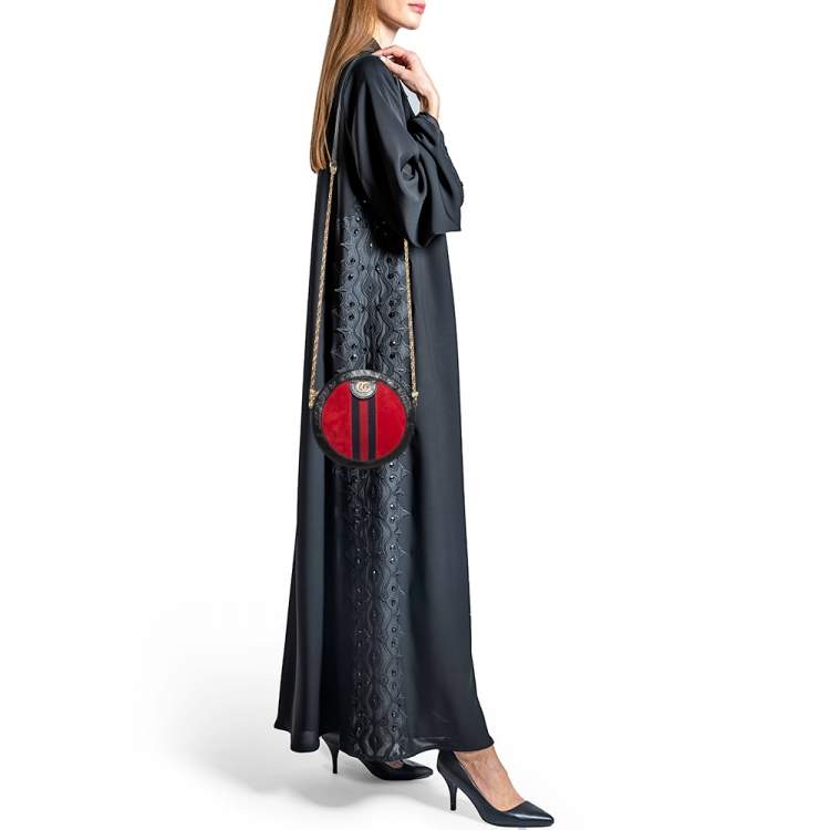 Pre Owned Gucci Black/Red Leather and Suede Mini Ophidia Round Shoulder Bag