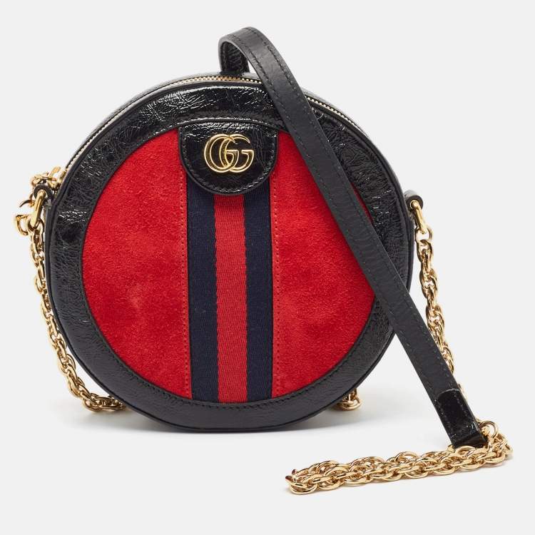 Pre Owned Gucci Black/Red Leather and Suede Mini Ophidia Round Shoulder Bag