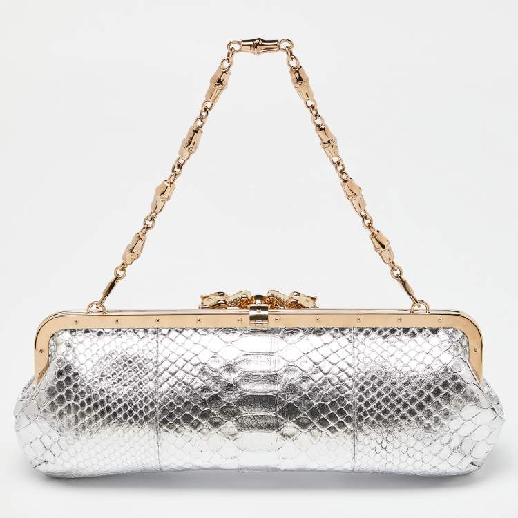 Pre Owned  Gucci Silver Python Crystal Dragon Chain Clutch
