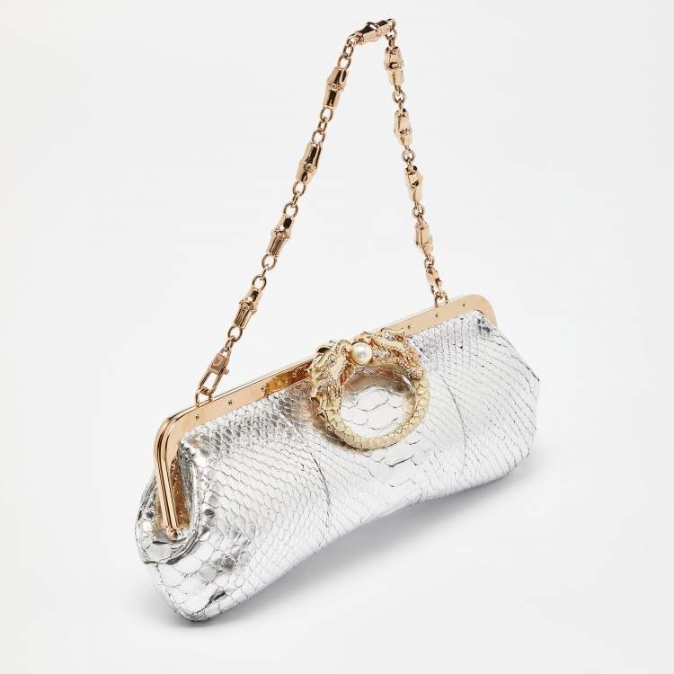 Pre Owned  Gucci Silver Python Crystal Dragon Chain Clutch