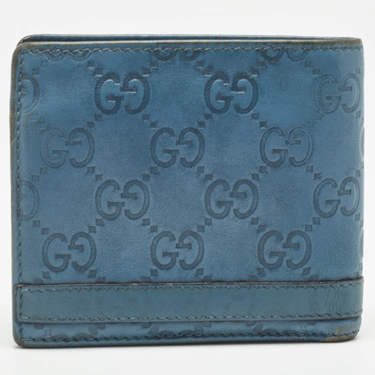 Pre Owned Gucci Blue Guccissima Leather Metal Bar Bifold Wallet