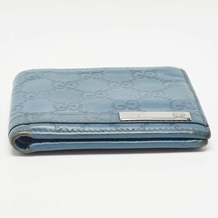 Pre Owned Gucci Blue Guccissima Leather Metal Bar Bifold Wallet