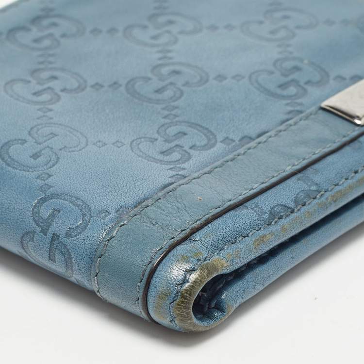 Pre Owned Gucci Blue Guccissima Leather Metal Bar Bifold Wallet