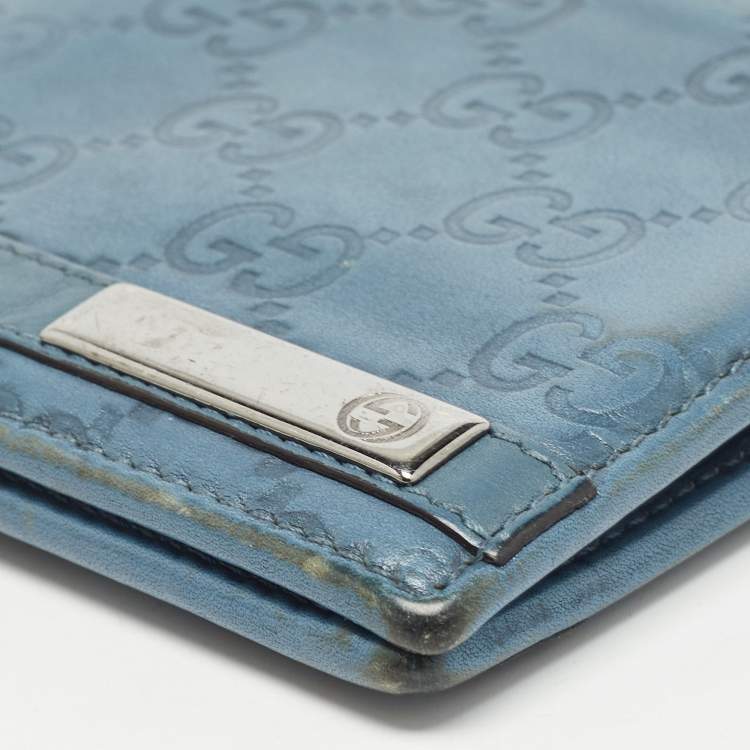 Pre Owned Gucci Blue Guccissima Leather Metal Bar Bifold Wallet