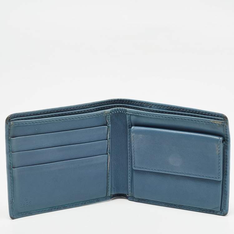 Pre Owned Gucci Blue Guccissima Leather Metal Bar Bifold Wallet