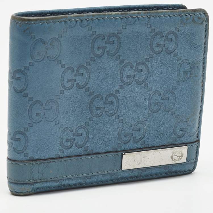 Pre Owned Gucci Blue Guccissima Leather Metal Bar Bifold Wallet