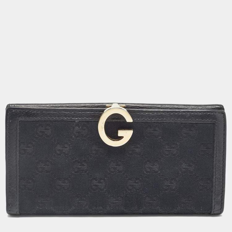 Pre Owned Gucci Black GG Canvas and Leather G Bit Flap Continental Wallet
