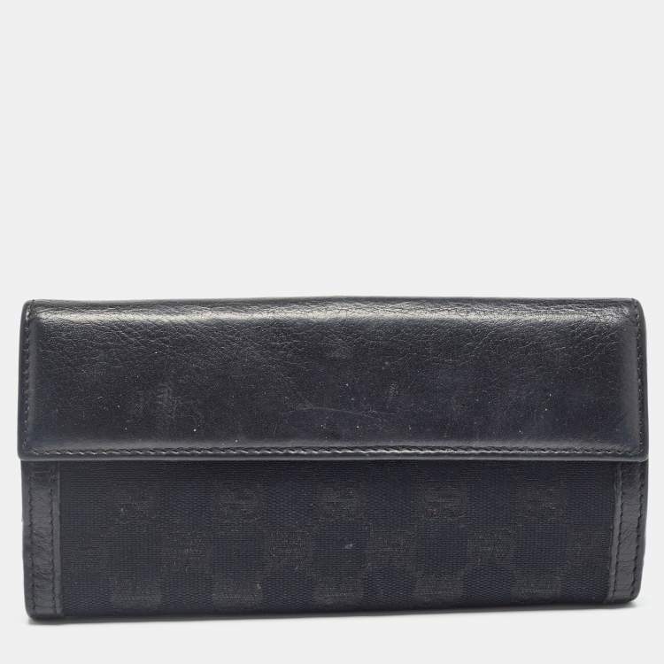 Pre Owned Gucci Black GG Canvas and Leather G Bit Flap Continental Wallet
