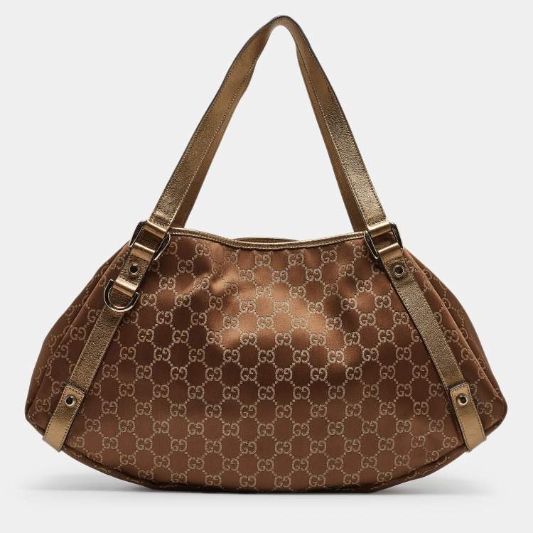 Pre Owned Gucci Bronze/Gold GG Fabric and Leather Medium Abbey Hobo