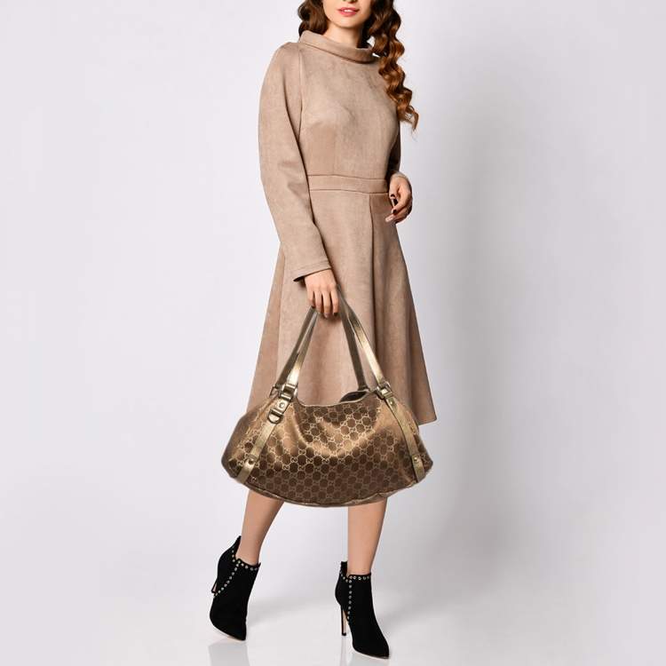 Pre Owned Gucci Bronze/Gold GG Fabric and Leather Medium Abbey Hobo
