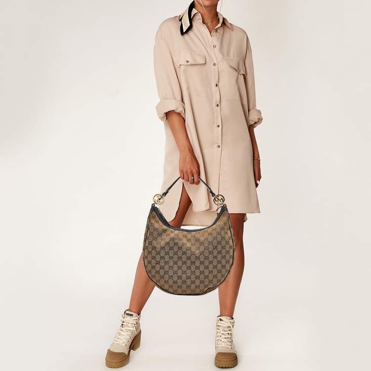 Pre Owned Gucci Beige/Brown GG Canvas and Leather GG Twins Medium Hobo