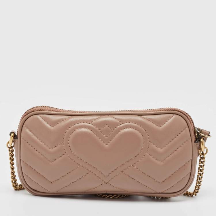 Pre Owned Gucci Old Rose Matelassé Leather Mini GG Marmont Camera Bag