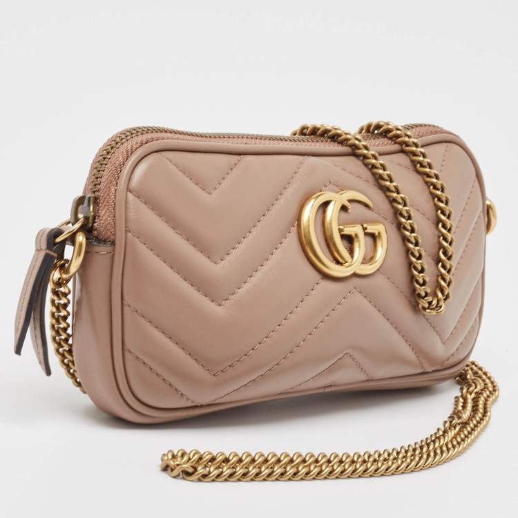 Pre Owned Gucci Old Rose Matelassé Leather Mini GG Marmont Camera Bag