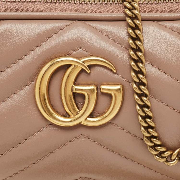 Pre Owned Gucci Old Rose Matelassé Leather Mini GG Marmont Camera Bag
