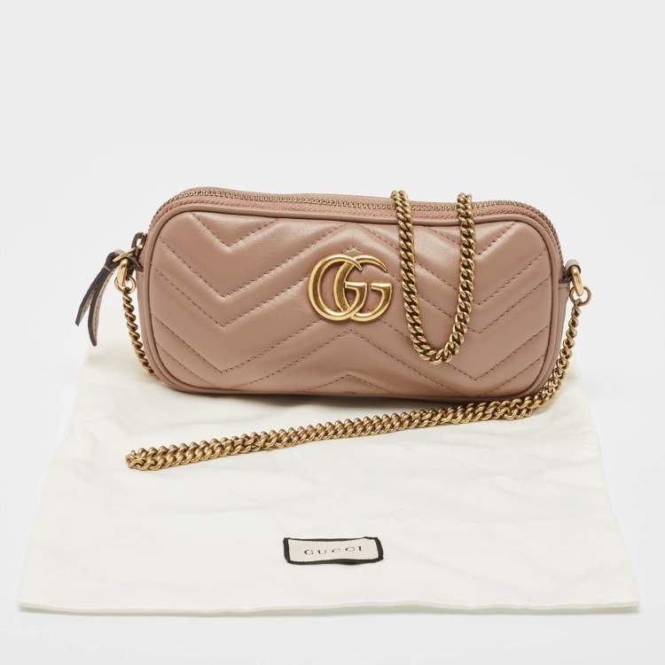 Pre Owned Gucci Old Rose Matelassé Leather Mini GG Marmont Camera Bag