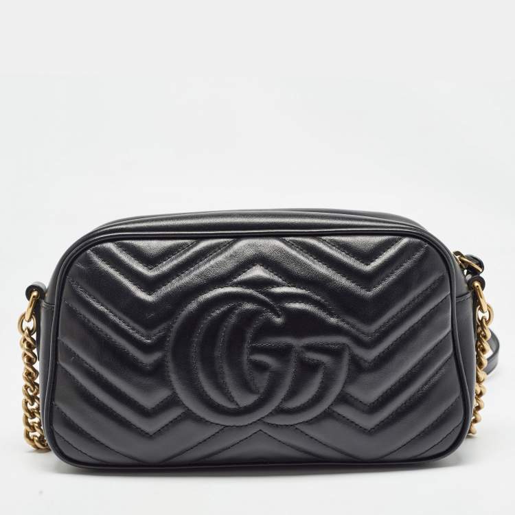 Pre Owned Gucci Black Matelassé Leather Small GG Marmont Shoulder Bag