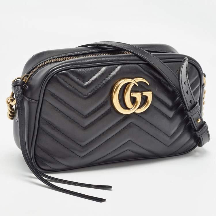 Pre Owned Gucci Black Matelassé Leather Small GG Marmont Shoulder Bag