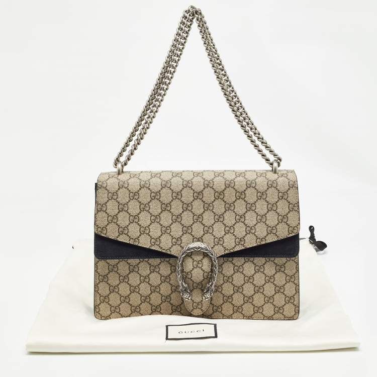 Pre Owned Gucci Black/Beige GG Supreme Canvas and Suede Medium Dionysus Shoulder Bag