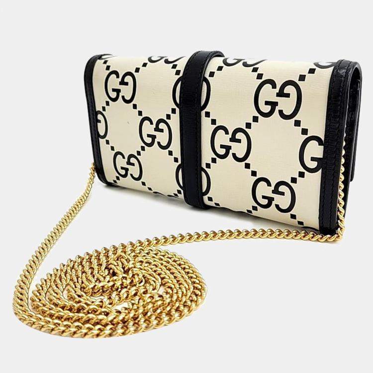 Gucci White Black Leather GG Monogram Bi Color Debossed Jackie 1961 Chain Wallet Gucci TLC