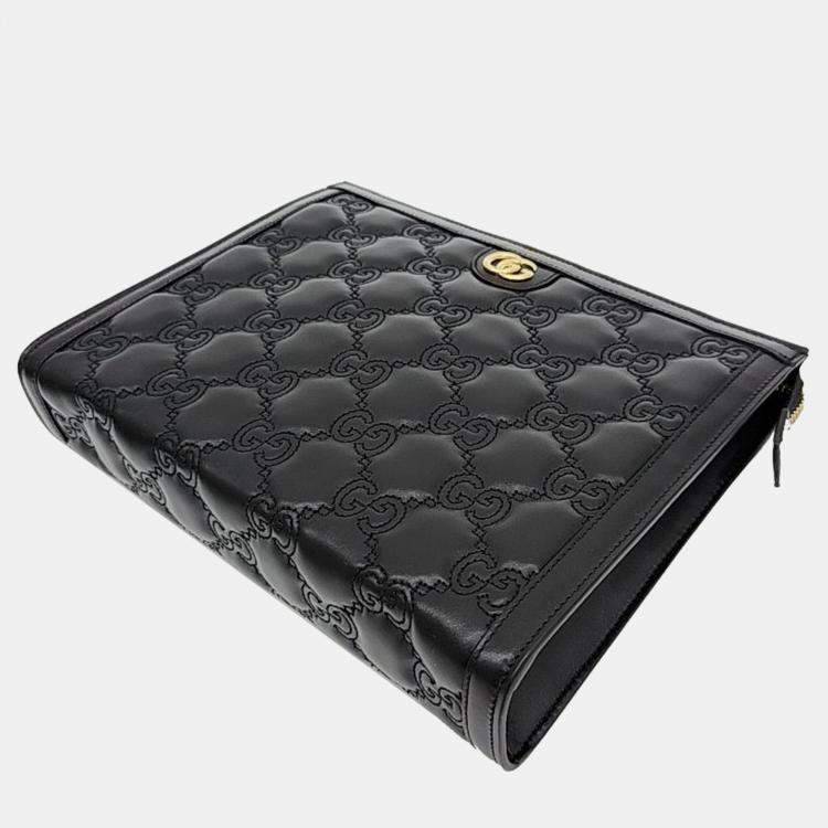 Pre Owned Gucci Black Leather GG Clutch 