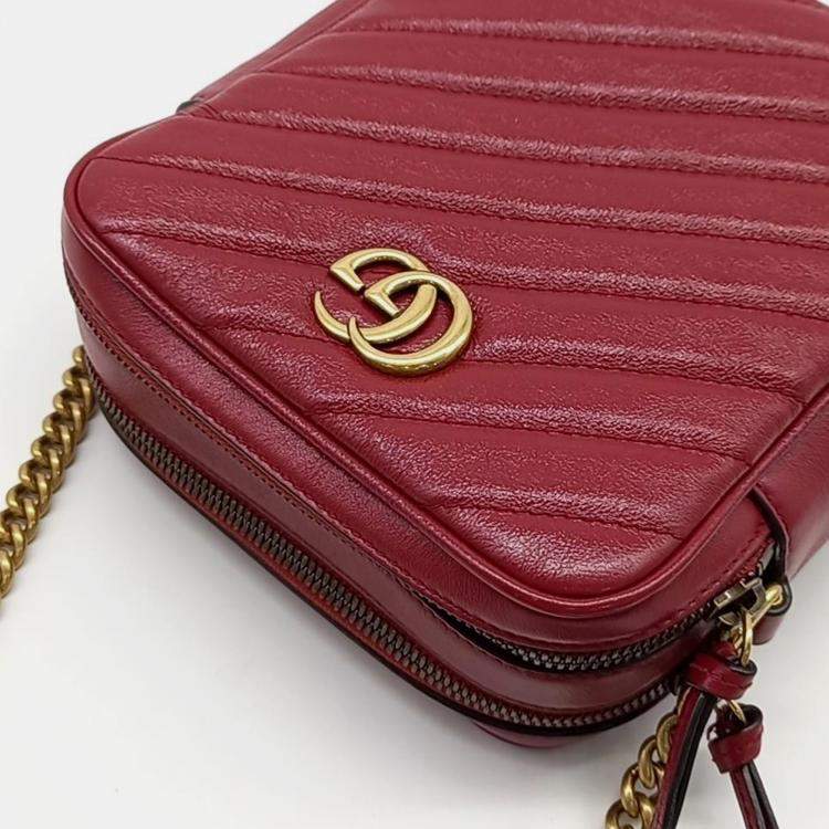 Pre Owned Gucci Burgundy Leather Marmont Chain Crossbody Bag 