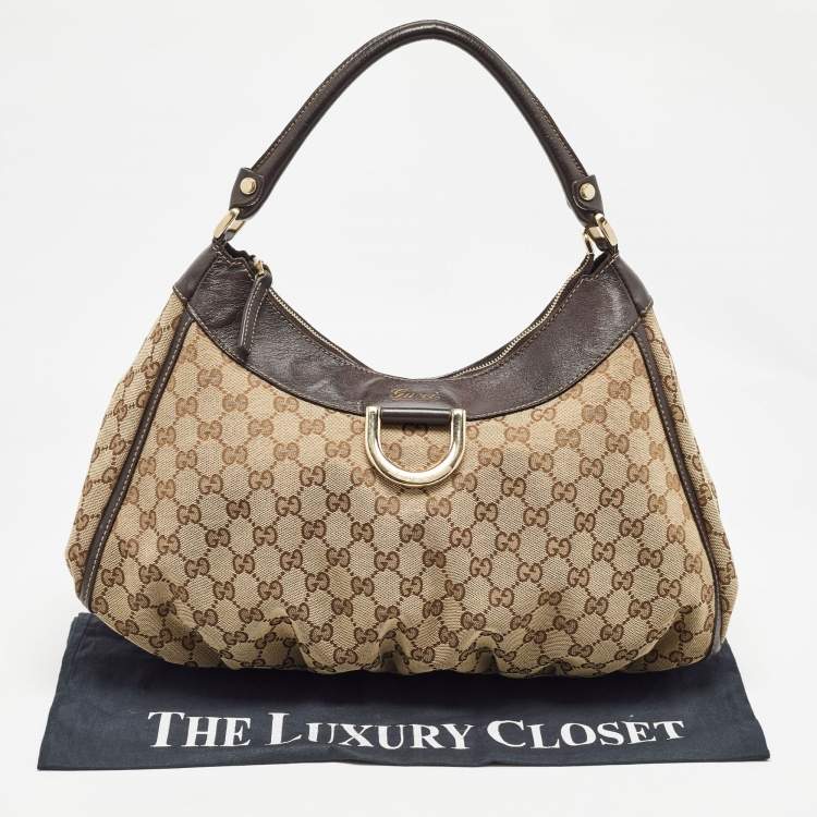 Pre Owned Gucci Beige/Black GG Canvas and Leather Abbey D-Ring Hobo