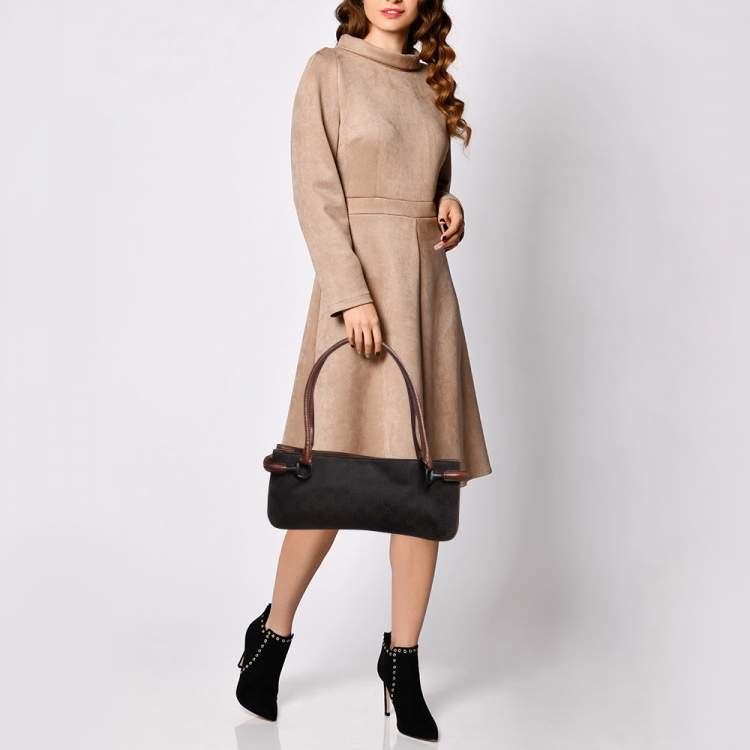 Pre Owned Gucci Dark Brown GG Canvas and Leather East West Horsebit Tote