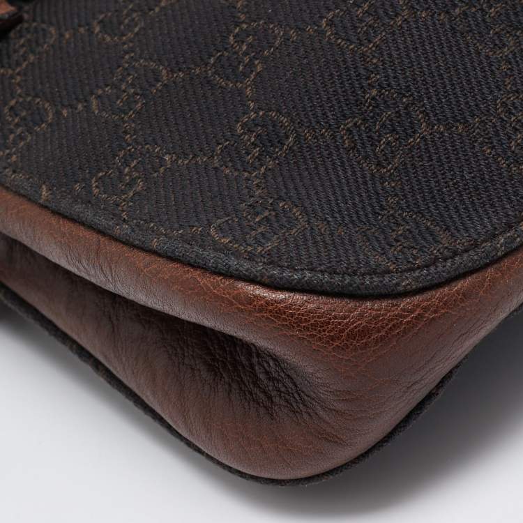 Pre Owned Gucci Dark Brown GG Canvas and Leather East West Horsebit Tote