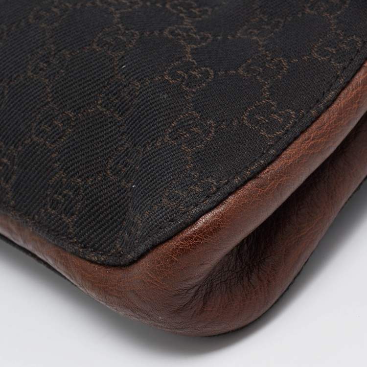 Pre Owned Gucci Dark Brown GG Canvas and Leather East West Horsebit Tote