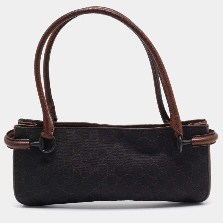 Pre Owned Gucci Dark Brown GG Canvas and Leather East West Horsebit Tote