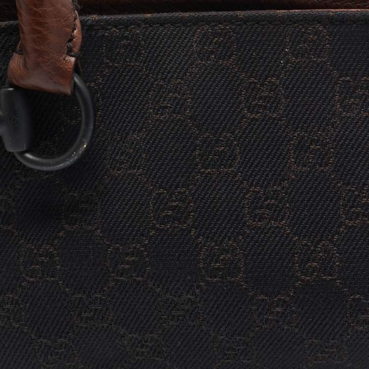Pre Owned Gucci Dark Brown GG Canvas and Leather East West Horsebit Tote