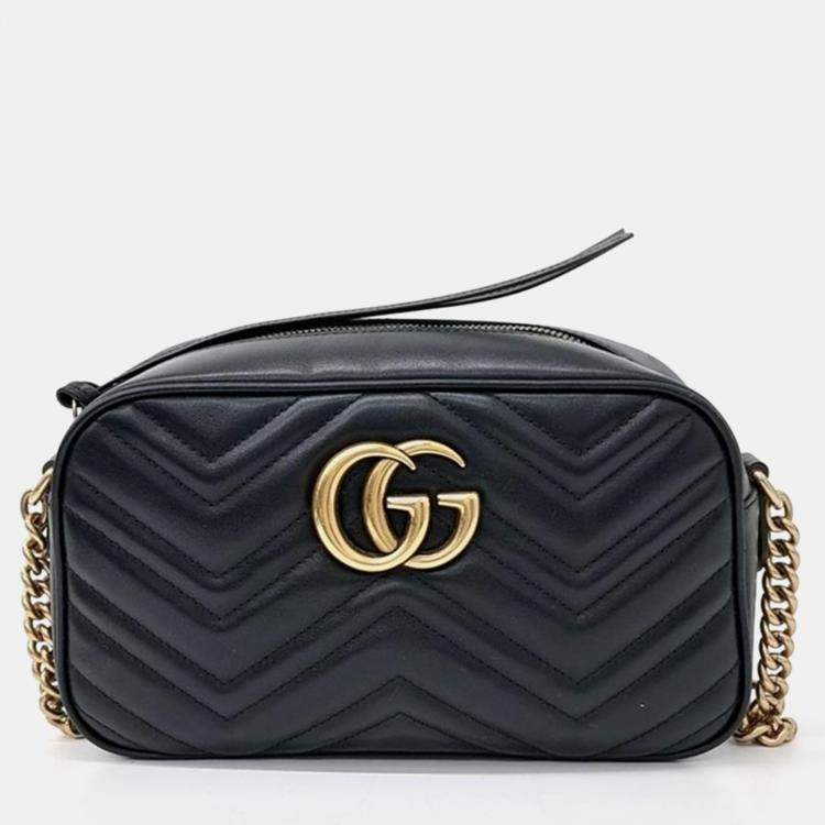 Gucci Black Calfskin Matelasse Small GG Marmont Chain Shoulder Bag Gucci The Luxury Closet