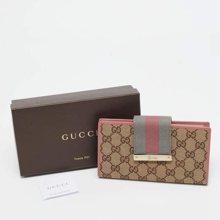 Pre Owned Gucci Pink/Beige GG Canvas and Leather Web Flap Continental Wallet