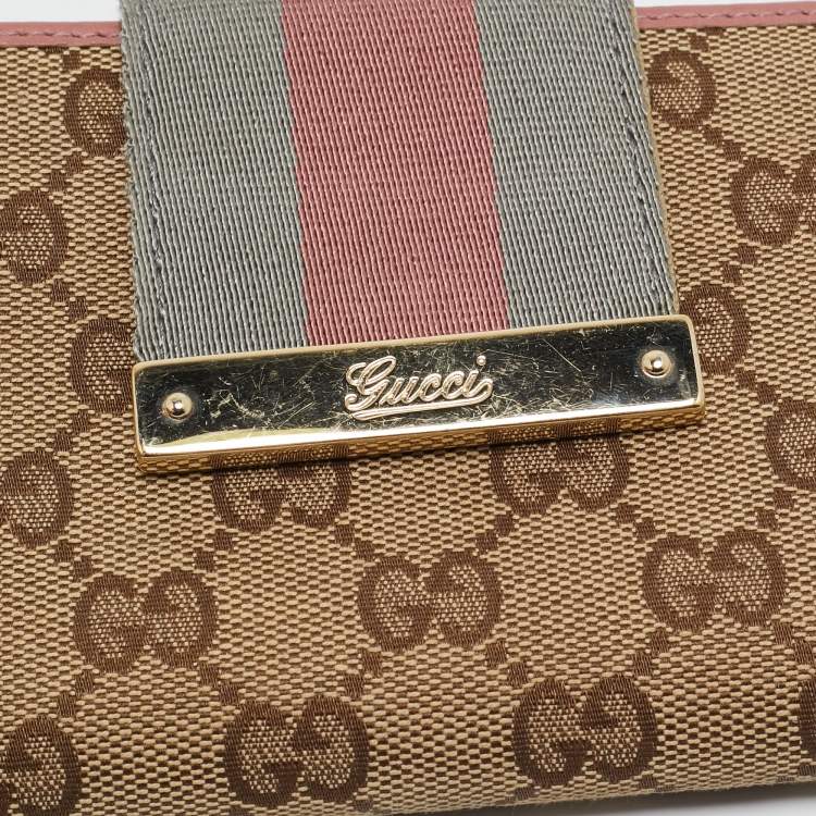 Pre Owned Gucci Pink/Beige GG Canvas and Leather Web Flap Continental Wallet