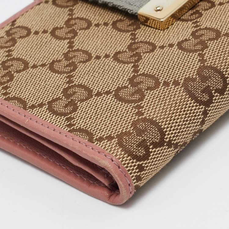 Pre Owned Gucci Pink/Beige GG Canvas and Leather Web Flap Continental Wallet