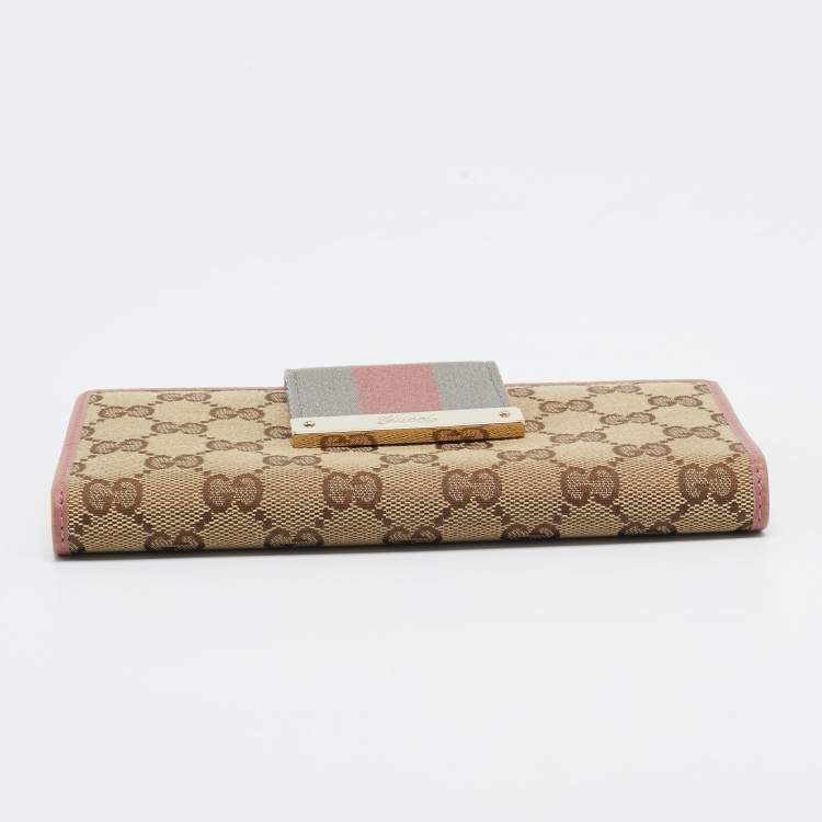 Pre Owned Gucci Pink/Beige GG Canvas and Leather Web Flap Continental Wallet