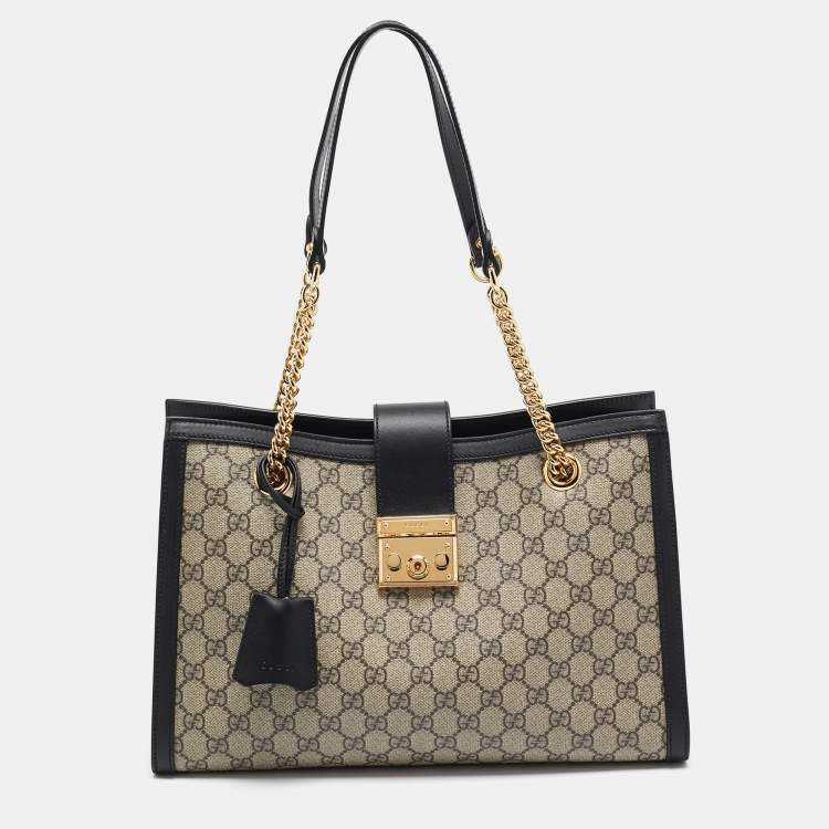 Pre Owned Gucci Beige/Black GG Supreme Canvas Medium Padlock Shoulder Bag