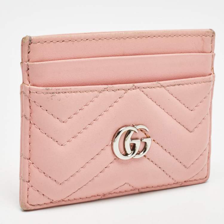 Pre Owned Gucci Pink Matelassé Leather GG Marmont Card Holder